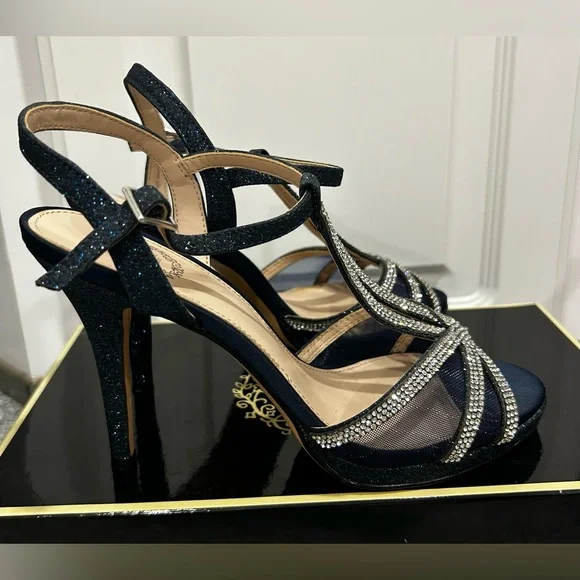 I. Miller Navy Rhinestone Heels Size 6 Wedding Party Ankle Strap - Picture 3 of 12